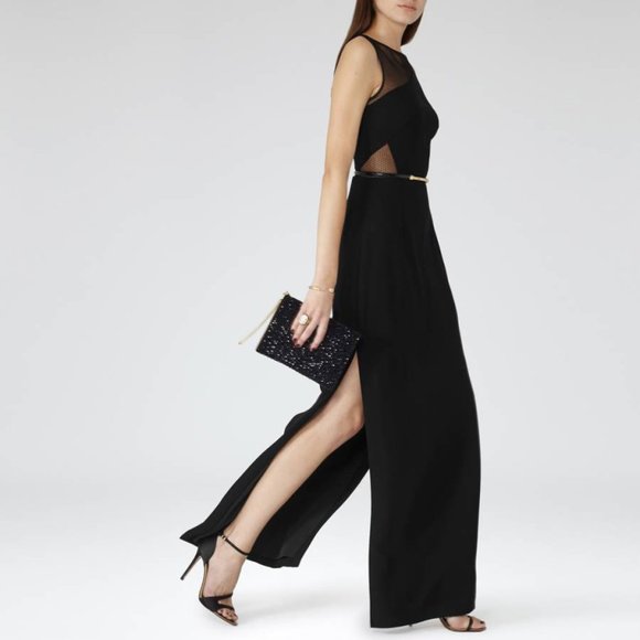 NEW REISS Black Clara Lace Mesh Sleeveless Evening Column Maxi Full Length Gown - Picture 1 of 16
